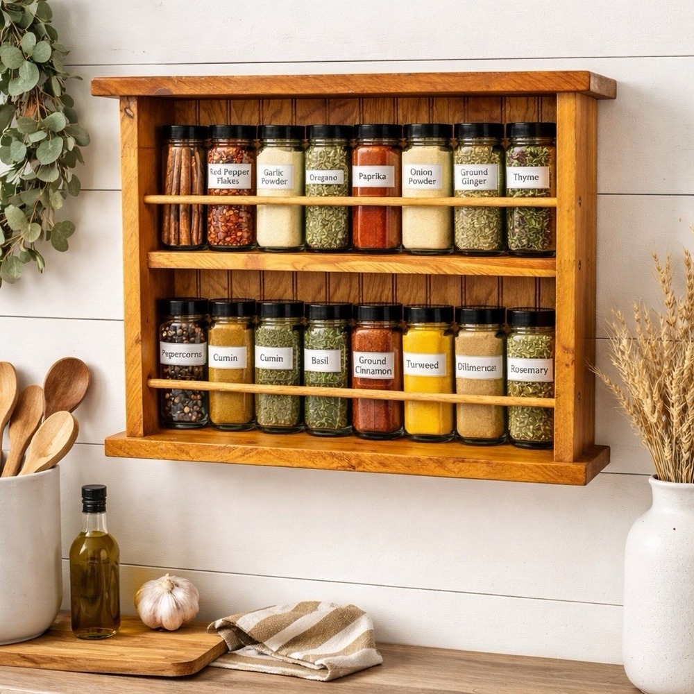 VTG Wood Wall Shelf Spice Rack Rustic Farmhouse Hanging Display 20x16 w/ Rails